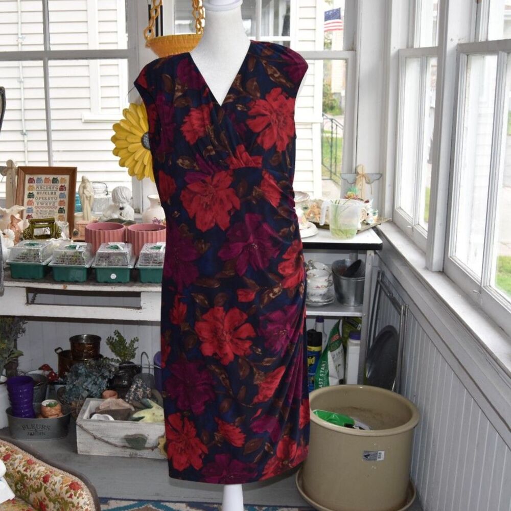 Y2K Ralph Lauren Floral Faux Wrap Dress Ruched Sheath Size 14